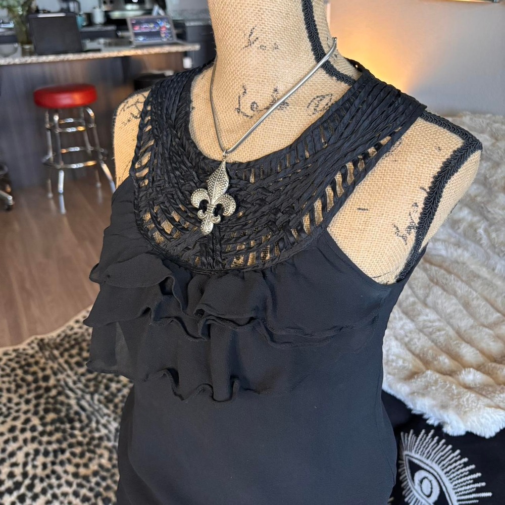 100% Silk Ruffle Blouse Dark Boho Top 🖤 - Picture 2 of 6